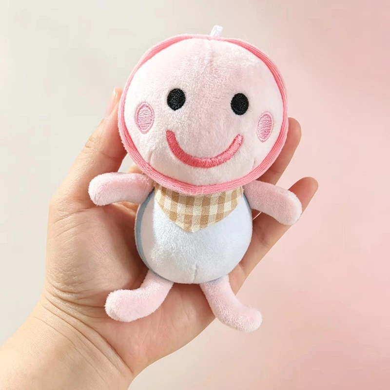 Round Figure Plush Keychain Pink Blue Soft Doll with Checked Bib Embroidered Face plus Gift Box for Bag Decoration Collection