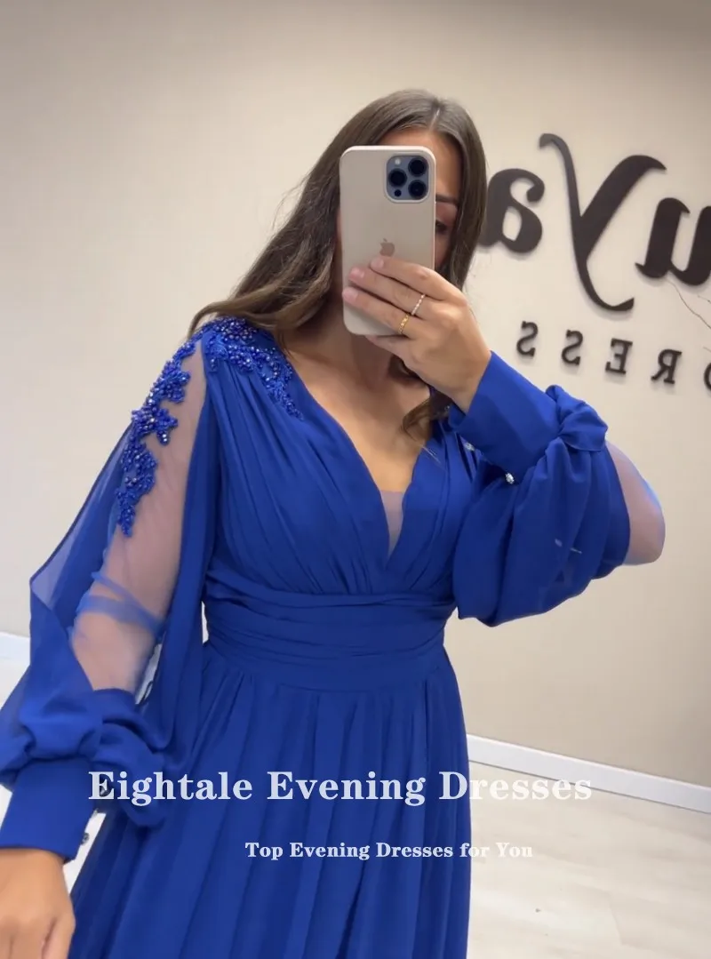 Eightale Royal Blue Evening Dress for Wedding Party V-Neck Lace Customized Long Sleeves Chiffon Plus Size Prom Gown