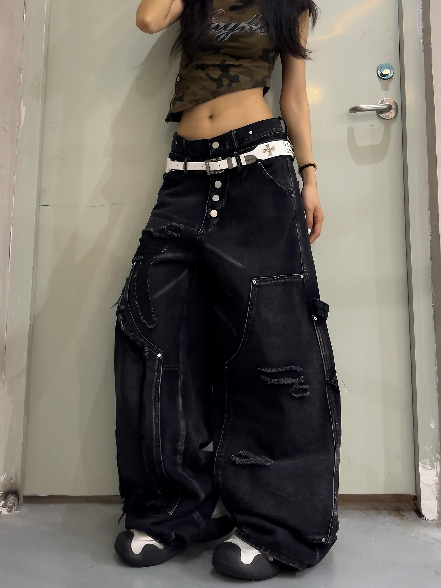 

Street Style American Double Buckle Collision Nail Baggy Straight Leg Jeans Wide Leg Workwear Frayed Long Trousers Trendy