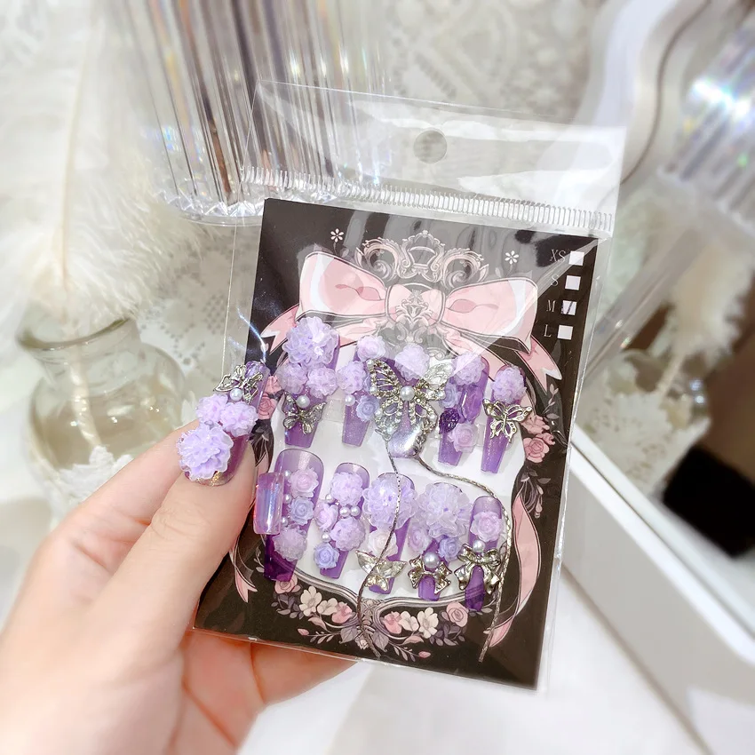24pcs Heavy Metal False Nails Shiny Crystal Butterfly Purple Flowers Design Fake Nail Patch Long Ballet Coffin Press on Nails
