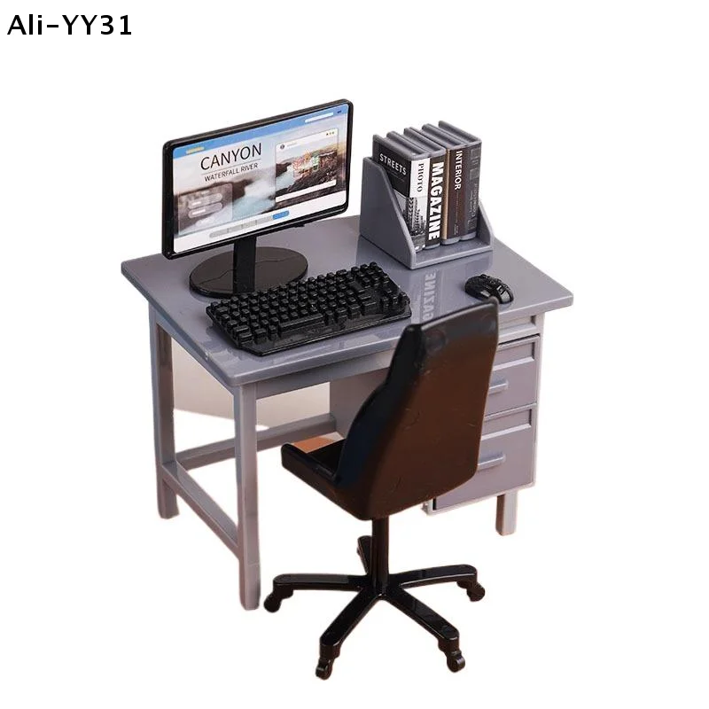 

【1Y】1 Set 1/12 Dollhouse Mini Furniture Plastic Computer Mouse Keyboard Desk Chair Kit Toy for Children Dollhouse Accessories