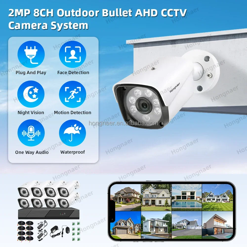 2026 Hongnaer 2MP Outdoor Home 8 Channel Digital Video Recorder IP Surveil Security Camera Set Kit System Analog CCTV Camera Sys