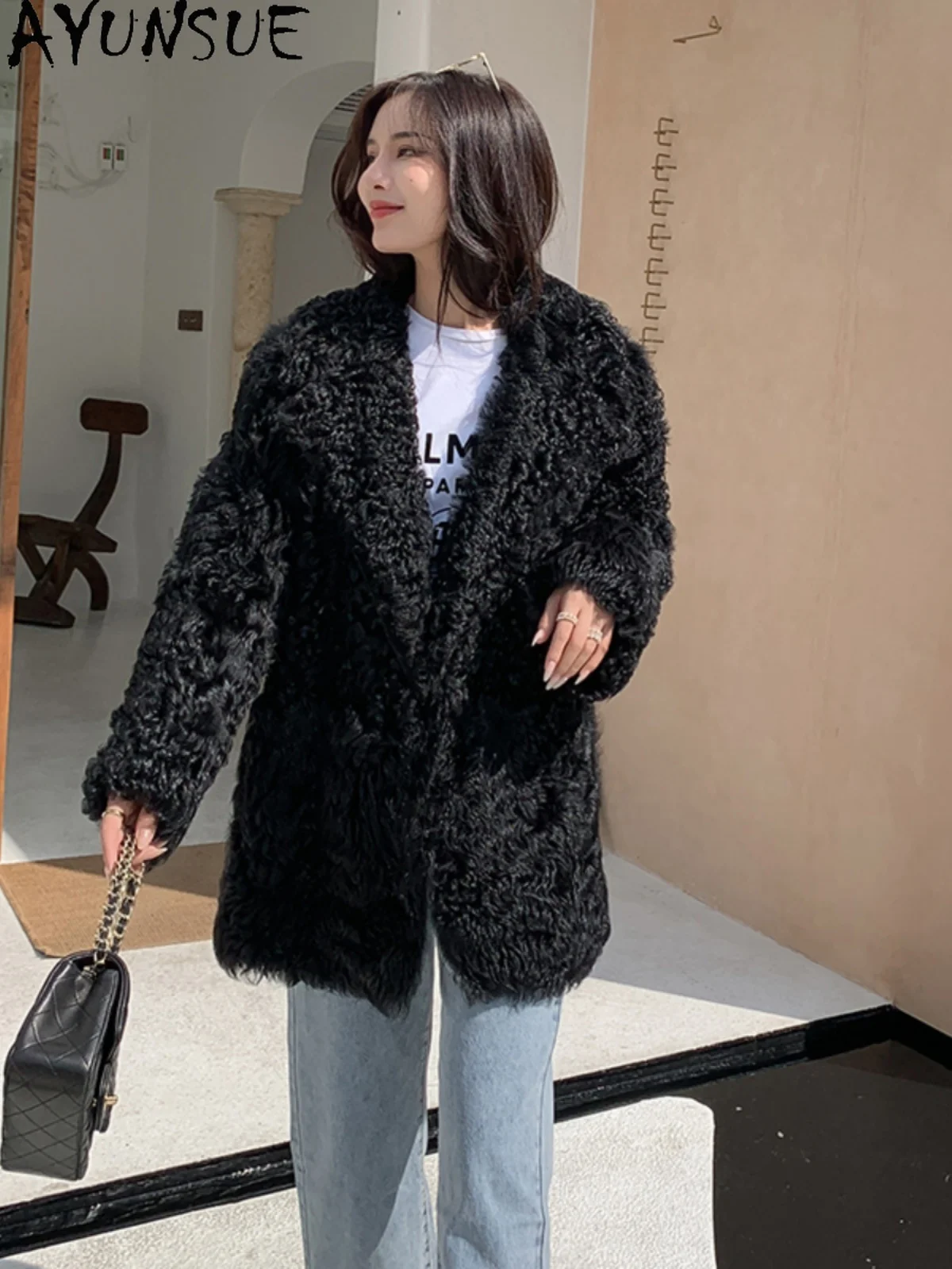 AYUNSUE 2025 새로운 Shearling Jacket 여성 중간 길이 100% 천연 양모 여성 자켓 고품질 겉옷에 새로운 Кофта С Мехом