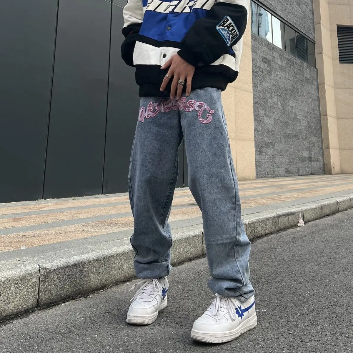 

Y2K retro street print alphabet star jeans men and women hip-hop high street spring and autumn loose straight drag casual pants