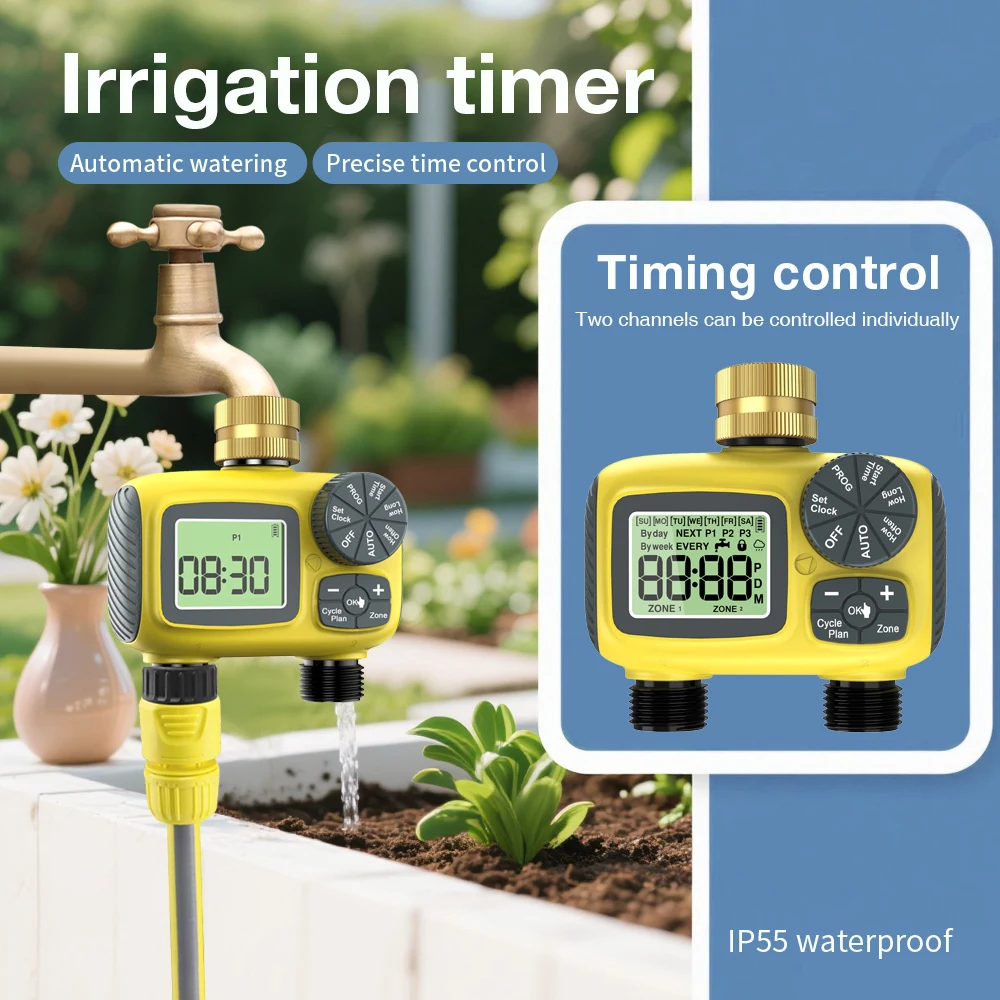 

2 Outlet Irrigation Water Timer Automatic Garden Watering System Programmable Irrigation Controller Rain Delay Outdoor Sprinkle