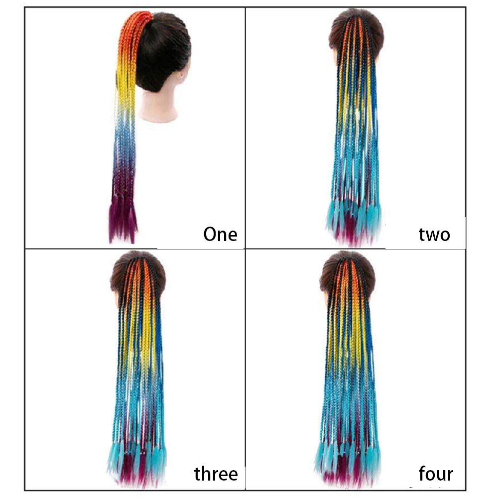 ZENYINFA Synthetic Colored Braided Ponytail Hair Extension Rainbow Color Braids Pony Tail With Elastic Band Girl\'s Pigtail