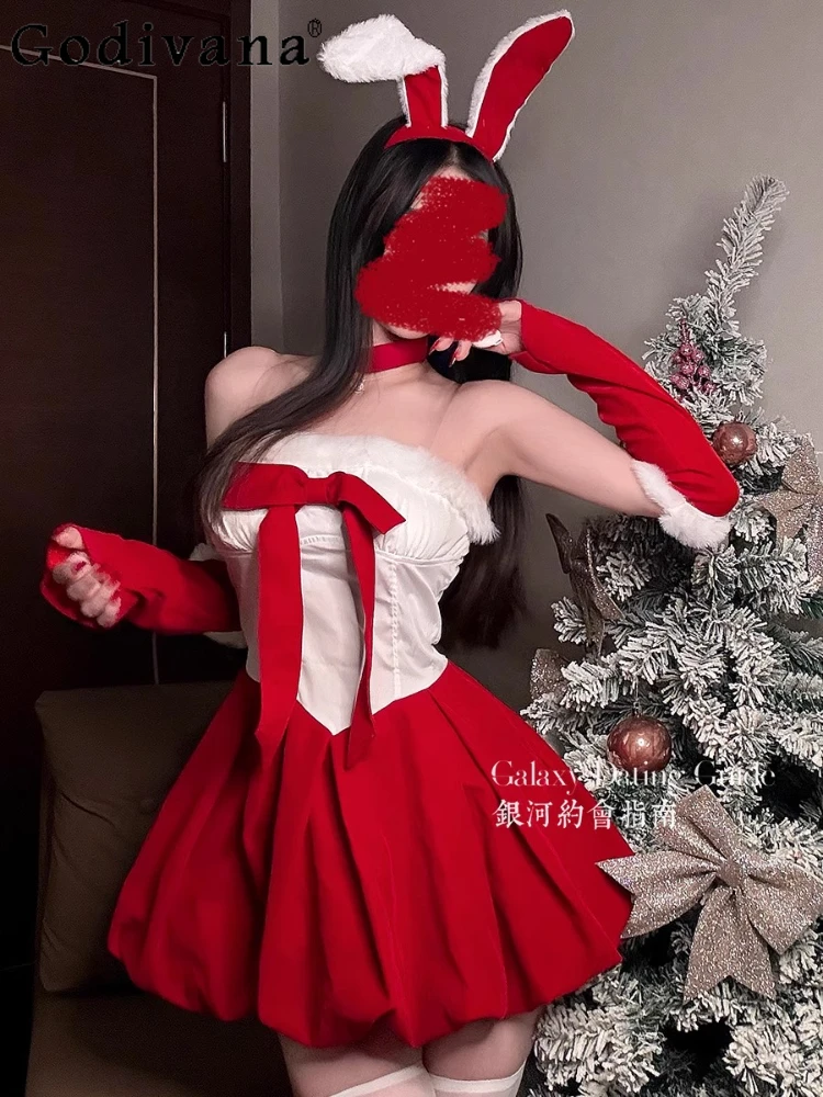 

Christmas Cos Sexy Slash Neck Sleeveless Sweet Bow Dresses New Red Cute Girls High Waist A-line Versatile Age Reduction Dress