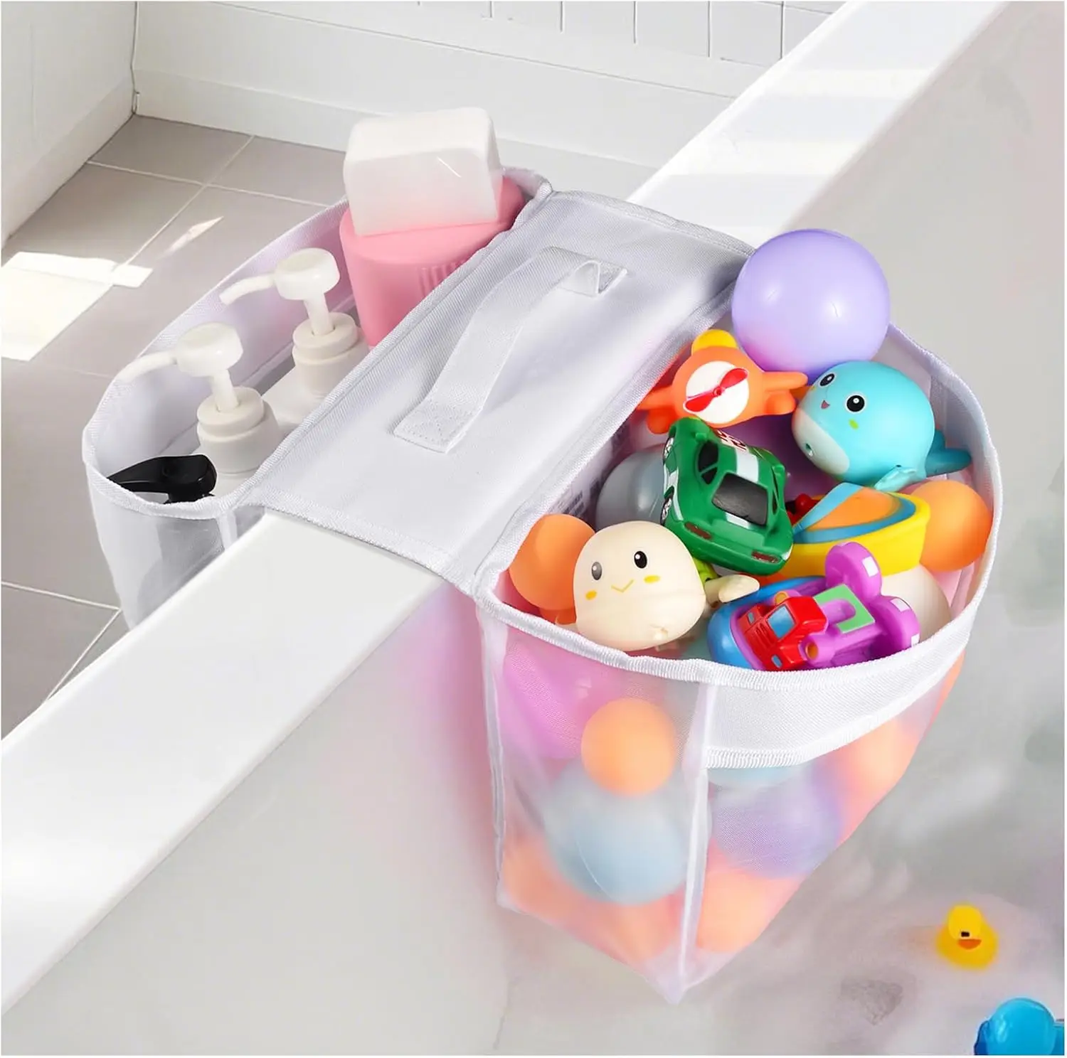 

Детский сетчатый органайзер для игрушек для ванной, форма седла, 2 отделения для хранения игрушек для ванны, держатель для игрушек для ванны с быстрым доступом, подходит для