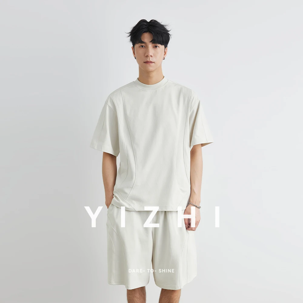 Men's Round Neck Solid Color T-shirt Drawstring Shorts Sports Leisure Loose Fashion Summer Cotton Half Sleeve Shorts Men Suit