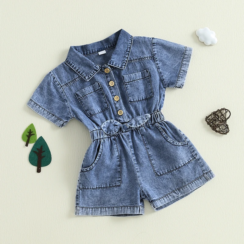 Toddler Baby Girls Denim Overalls Shorts Solid Color Turn Down Collar Short Sleeves Button Down Elastic Waist Jean Romper