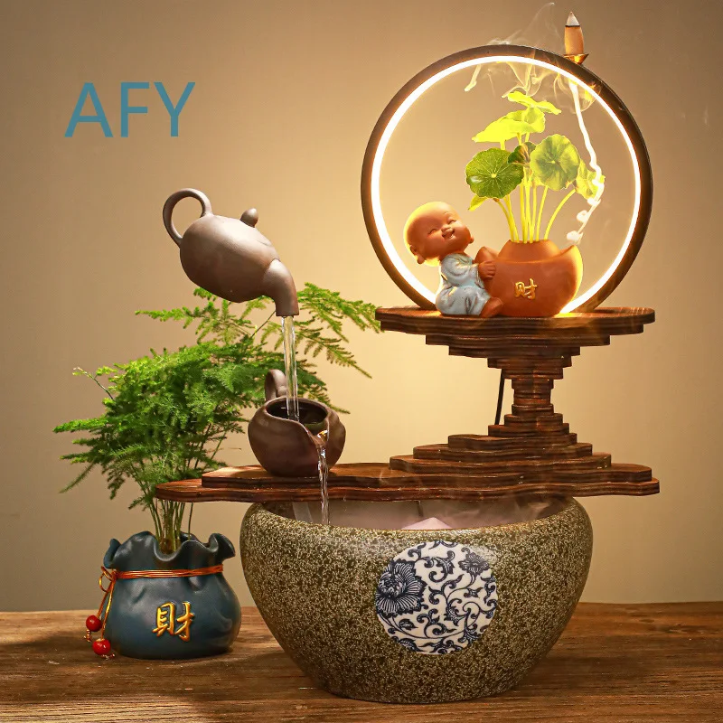 Creative Chinese Wealth-Attracting Water Fountain Ornament with Hanging Pot Fortune Lamp Ring and Upside-Down Incense for