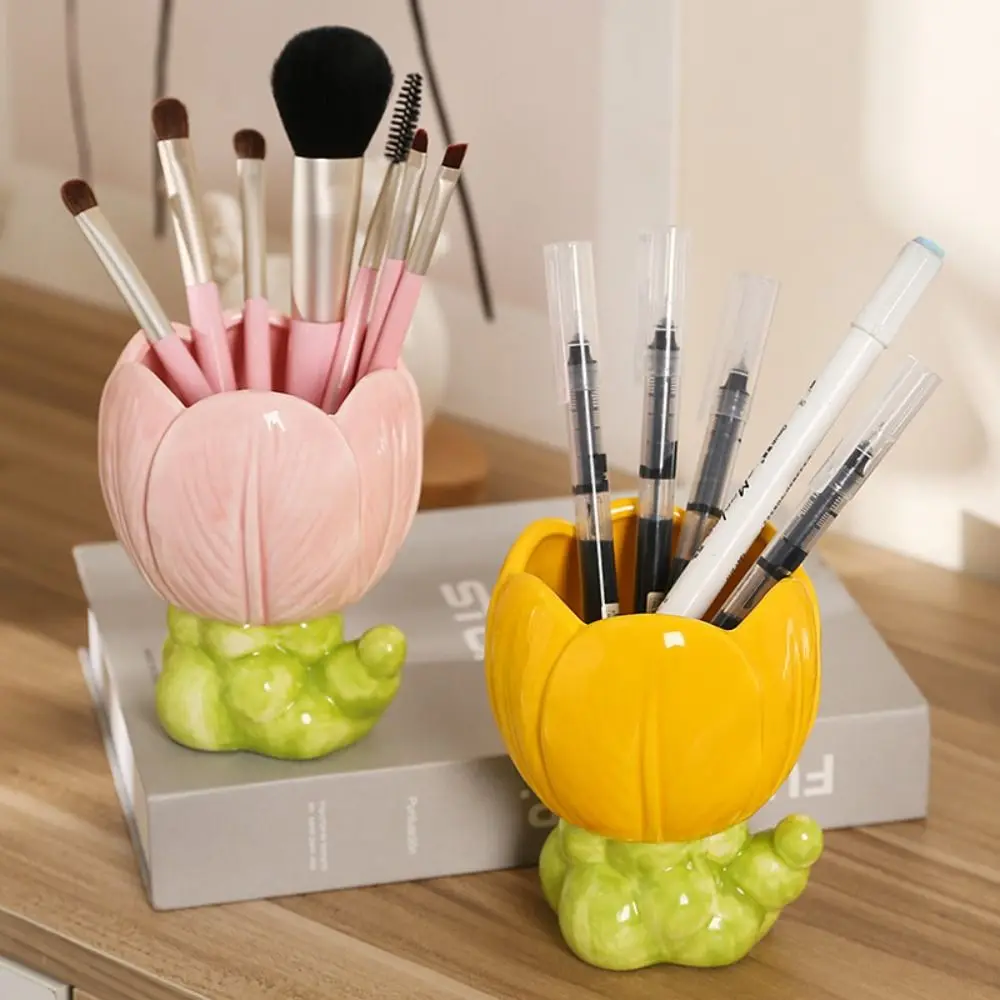 Ceramic Ceramic Tulip Pen Holder Large Capacity Retro Flower Makeup Brush Storage Bucket Tulip Flower Pen Container