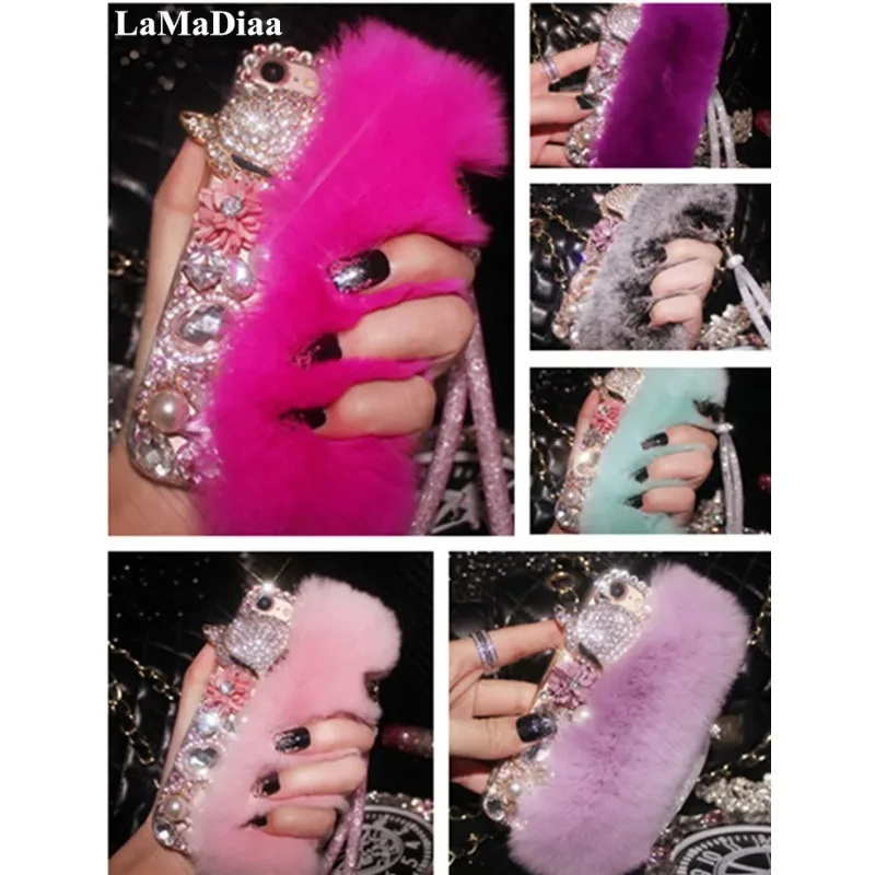 

Luxury Bling Crystal Diamond Phone Cases, Diamond, Warm, Soft, Fox, Rabbit, Fur, for iPhone 14, 15 Plus, Max, 11, 12, 13 Pro