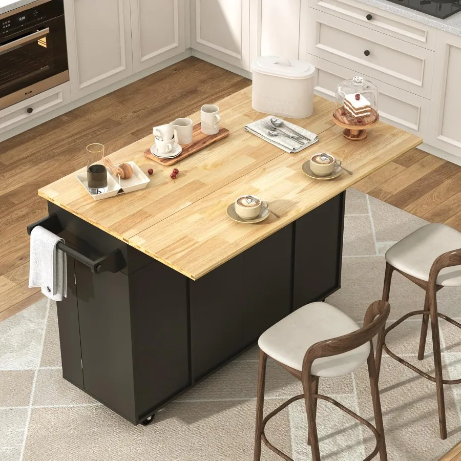 Îlot de cuisine roulant 55 W avec chariots de cuisine mobiles à feuilles tombantes sur roulettes avec armoire de rangement, support et tiroir intégrés Ma