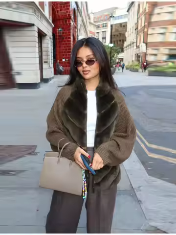 Women Chic Faux Fur Patchwork Short Jacket Cause Full Sleeve Loose Zipper Furry Warm Quilted Coat 2025 Lady Winter Street Wear