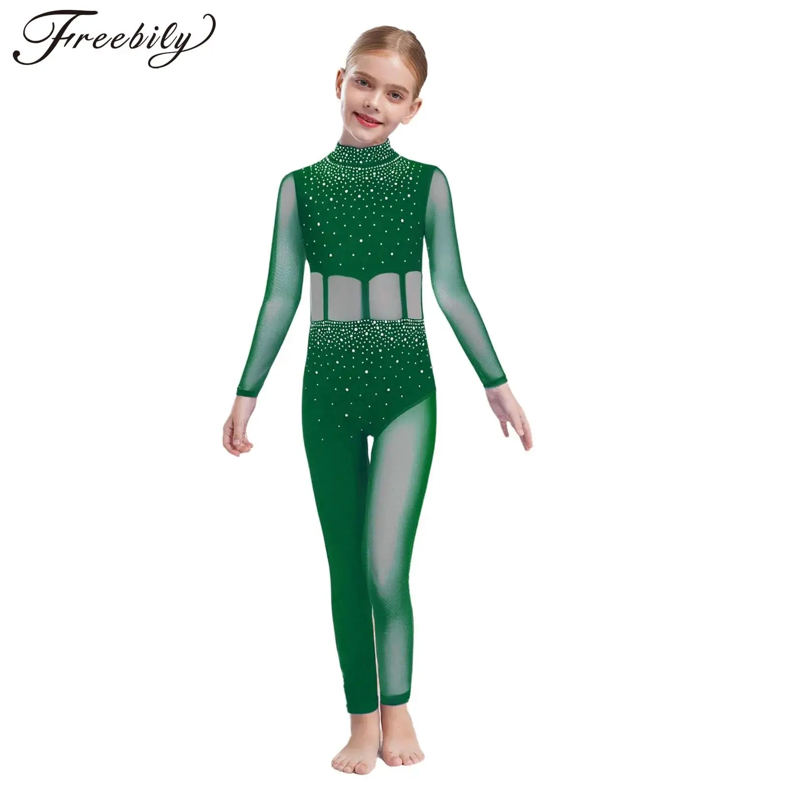 Girls Shiny Rhinestones Gymnastic Leotard Figure Skating Ballet Dance Costume Sheer Mesh Long Sleeve Full Body Unitards Jumpsuit