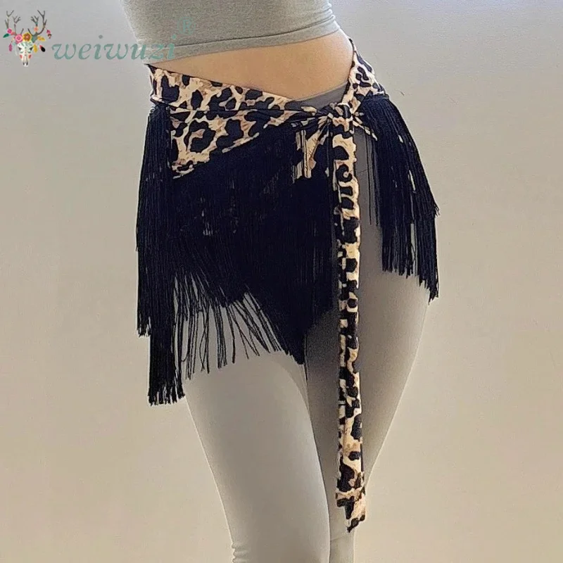 Belly Dancing Practice Belt for Women's Leopard  Tassel Hip Towel Latin Dance Waist Chain Skirt Square Dance One-piece Hip Scarf