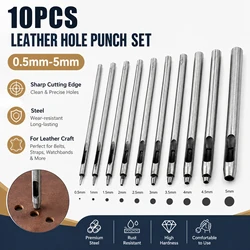 Leather Hole Punch 1/10pcs 0.5mm 1mm 1.5mm 2mm to 5mm Round Hole Punch Tool Hollow Cutter for Leather Craft Belt Bag Clothing
