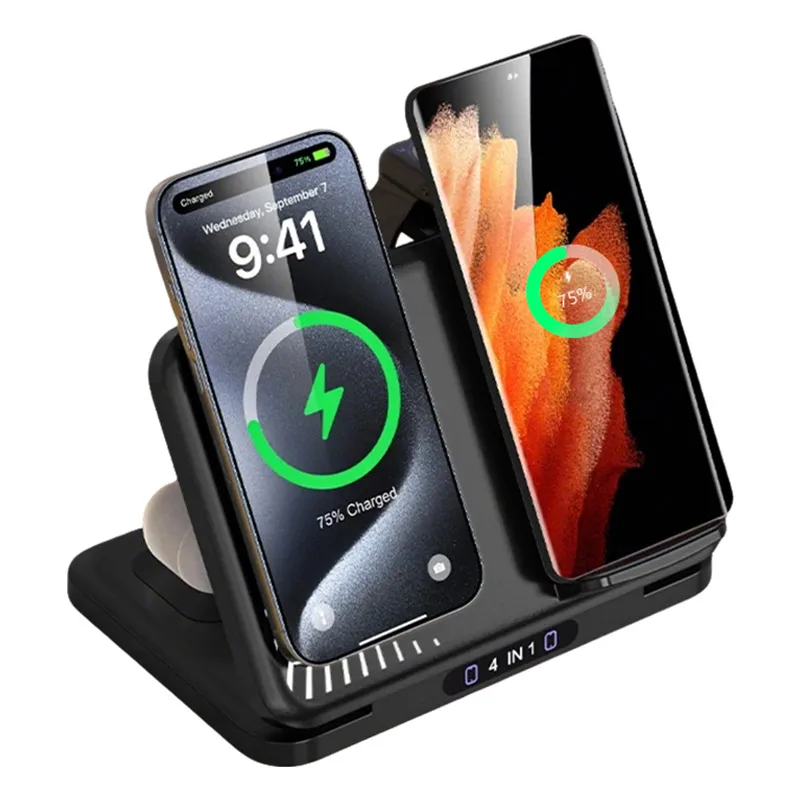 4 in 1 Dual Phone Wireless Charger Stand Magnetic Fast Charging For iPhone 17~12 Samsung S25 Xiaomi Airpods Pro Apple Watch 11~2