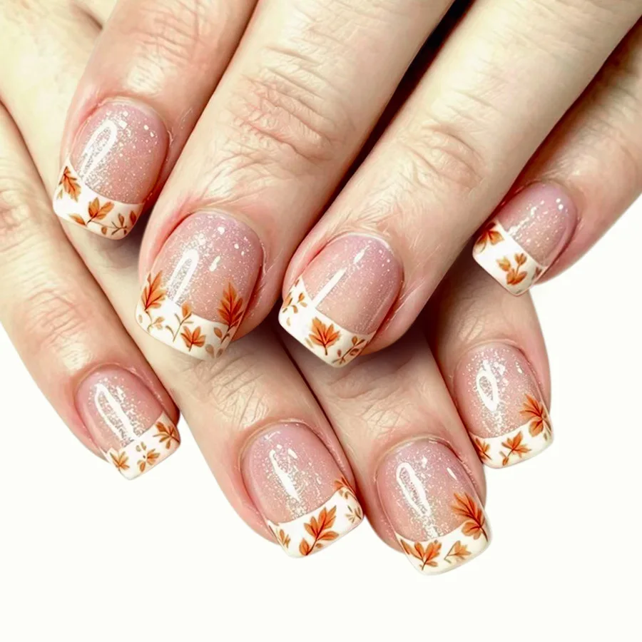 24Pcs Burnt Orange Plaid Shiny Powder Acrylic Press on Nails Pumpkin Maple Leaf Fake Nail Short Square Reusable False Nails Tips