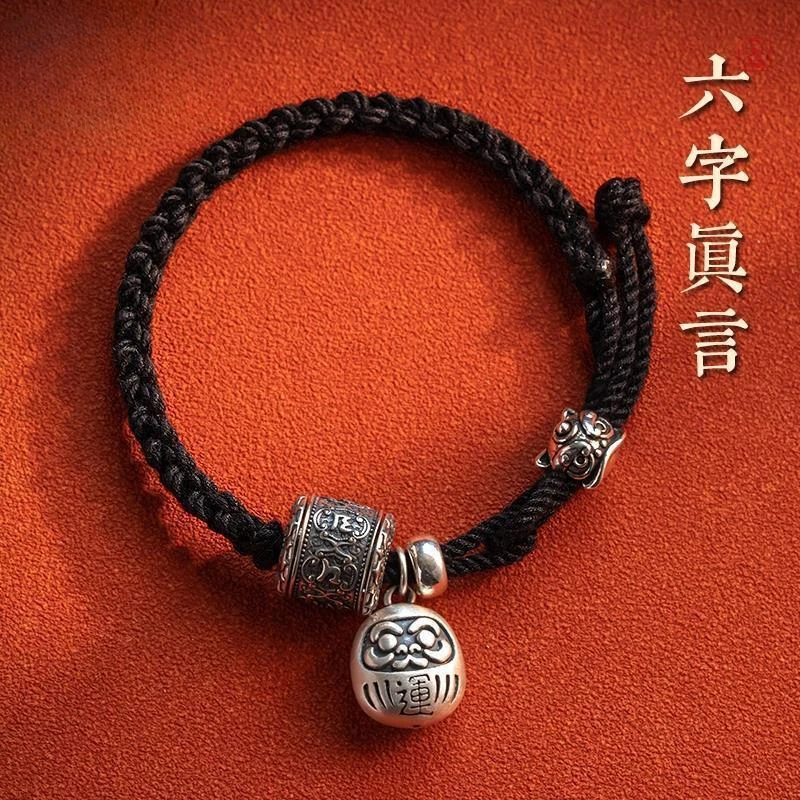 Pulsera de cuerda de Mano Negra tejida a mano para hombres y mujeres, joyería de mano tibetana, Plata de Ley 925, palabras reales de seis caracteres, Dharma