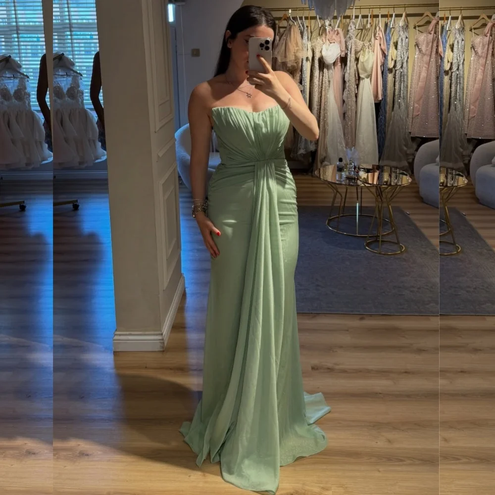 

Customized Simple Pastrol Jersey Pleat A-line Strapless Long Dresses Bespoke Occasion Classic Elegant