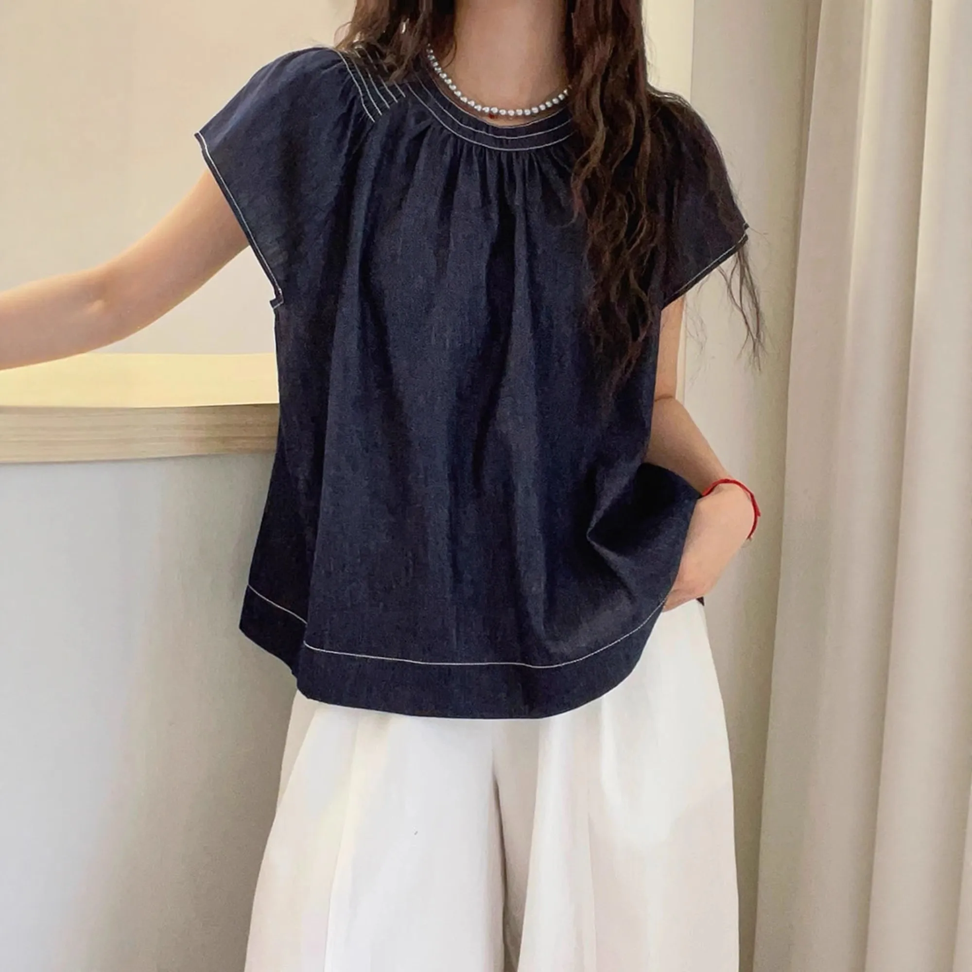 レトロなヨーロッパ風デニムスウェットシャツ、女性用サマーニュールーズカジュアルファッショナブルスモールスウェットシャツ、小さめフリンジスウェットトップ