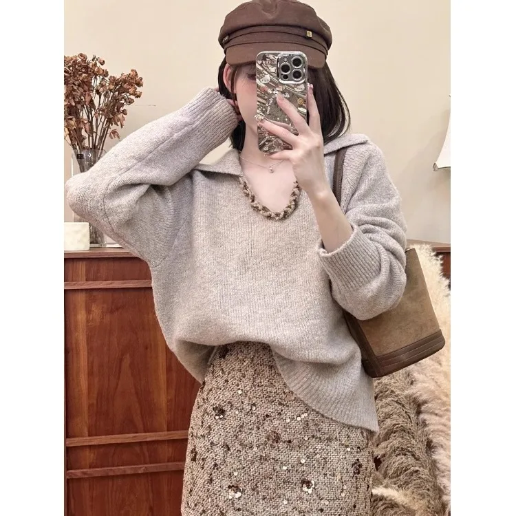 

New Year Red Sequin Lapel Knitwear Women's Winter Thi Warm Knitted Top V-Ne Loose Fit Long Sve Color Commute Sle