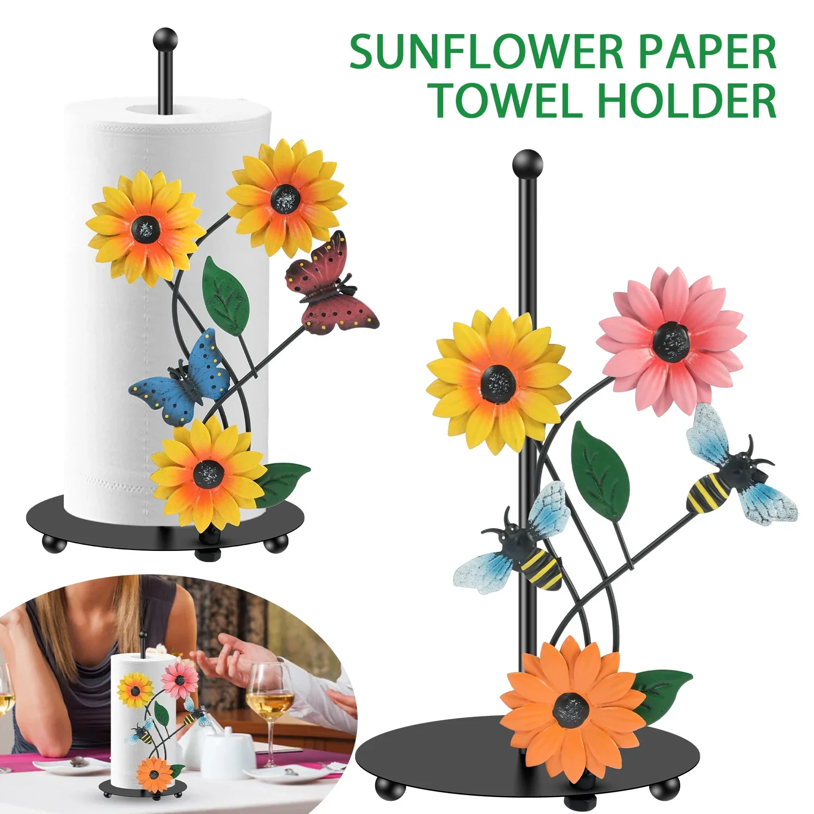 

Sunflower Paper Towel Holder Iron Art Sunflower Kitchen Roll Stand Lifelike Butterfly/Bee Paper Towel Stand Decorative Standing