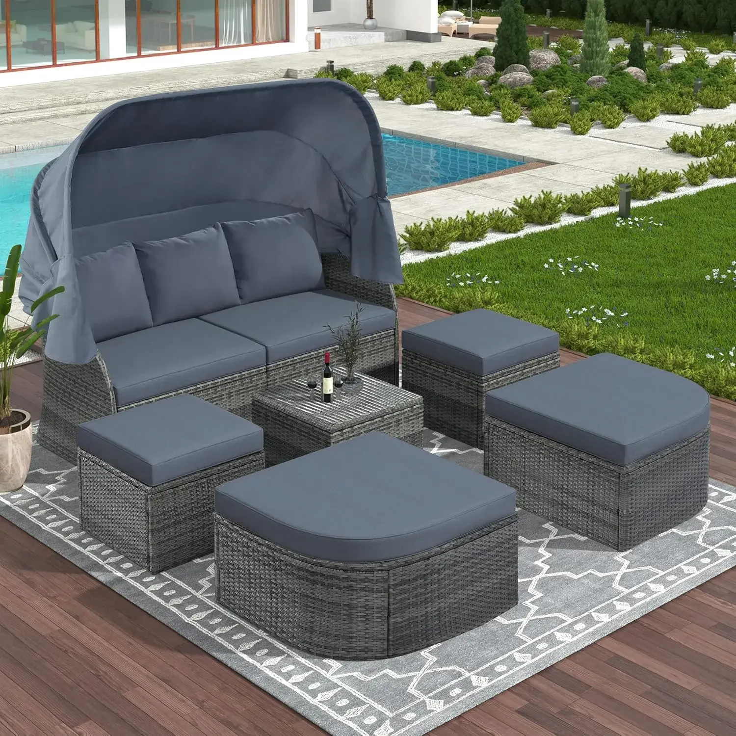 6 Pieces Patio Furniture Sets, Wicker Daybed with Retractable Canopy, Outdoor Sectional Sofa Set for Poolside, Backyard, Garden