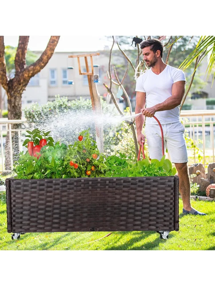 Raised Bed - Garden Planters Box with Wheels, Rattan Patio Raised Beds for Gardening, Indoor Outdoor Planters