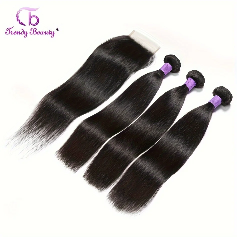 شعر برازيلي مستقيم مع إغلاق 5x5 100% شعر بشري 3 حزم مع إغلاق دانتيل 5x5 جزء مجاني أسود طبيعي