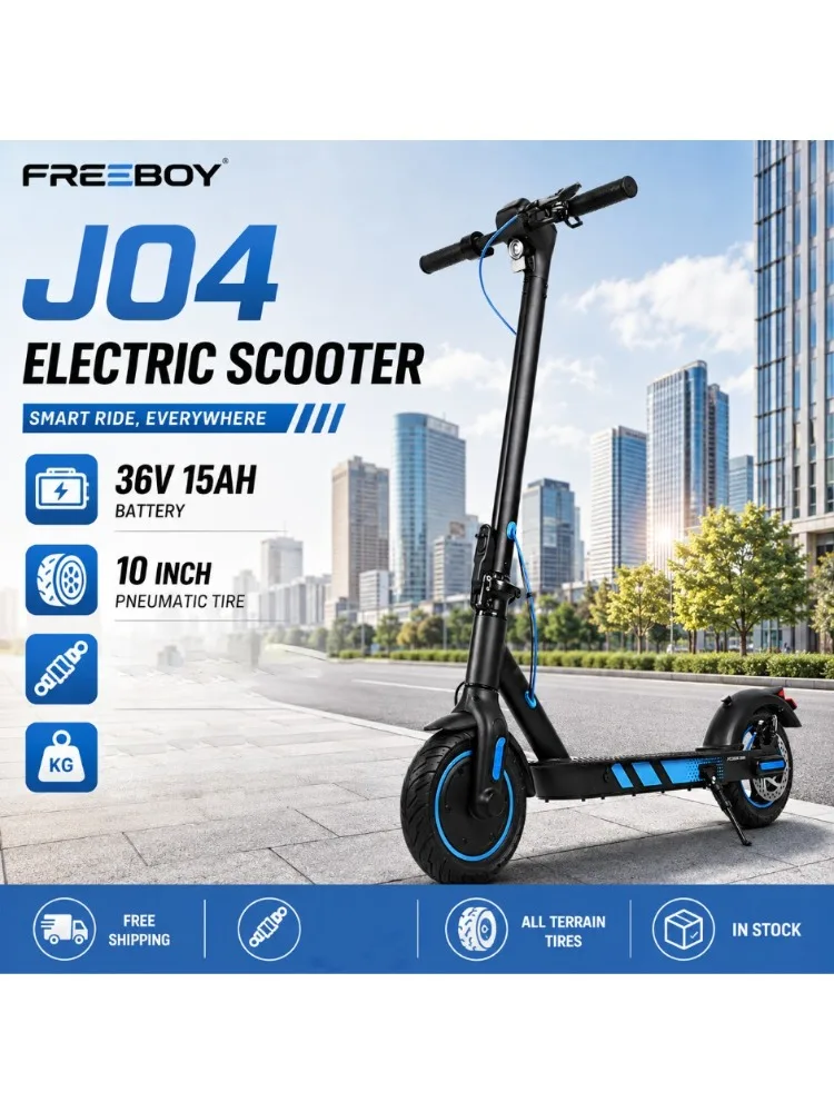 FREEBOY J04 Elektroroller, 36V 15Ah Batterie, 10-Zoll-Reifen, faltbarer, leichter, tragbarer E-Scooter, einfach zu transportierender Pendlerroller für tägliche Fahrten und kurze Strecken innerhalb der