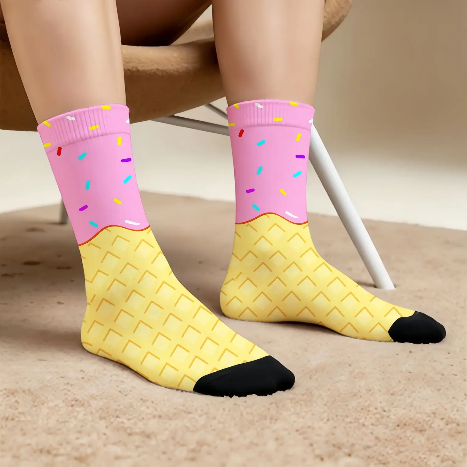 Novelty Ice Cream Cone Print Crew Socks Fun And Colorful 3D Waffle Pattern Design Soft Stretchy And Moisture-Wicking
