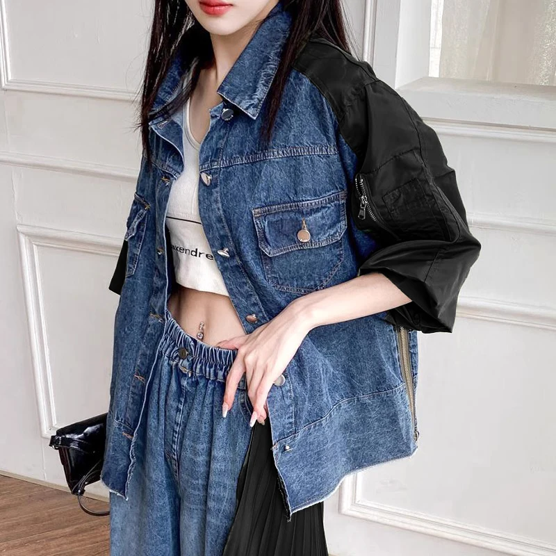 

SuperAen Retro Stitching Blue Denim Shirts Women Wear New Tops Long Pant Two Pieces Sets