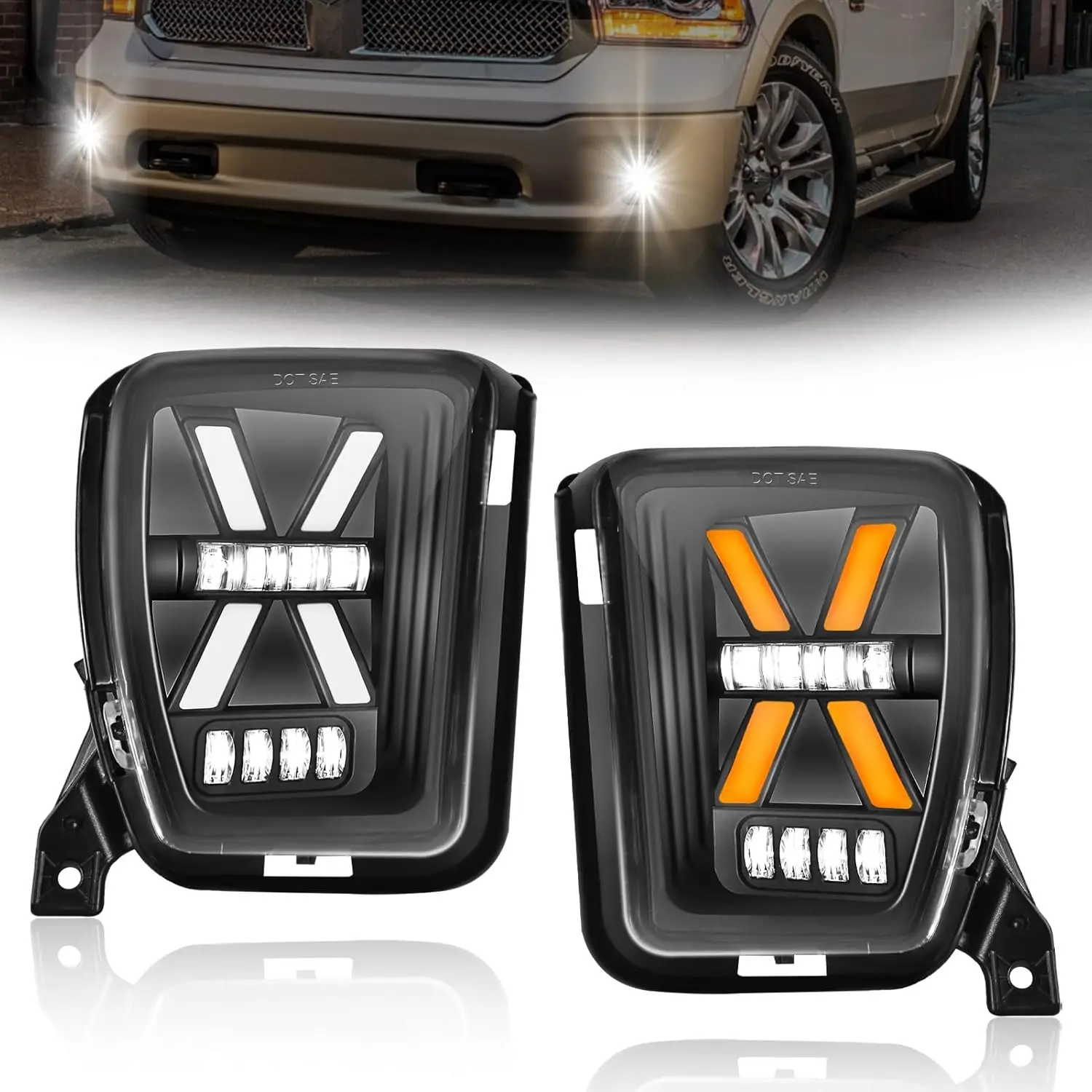 

LED Fog Lights For Dodge Ram 1500 2013 - 2018 Amber Turn Signal Light Pickup Bumper Driving Fog Lamps with DRL Wiring Harness