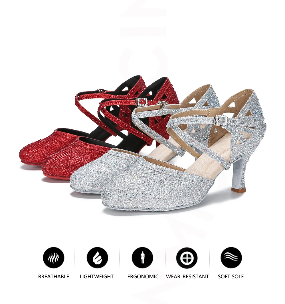 CINMIDY Rote Strass-Lateintanzschuhe Damen Tango-Tanzschuhe Moderne Schuhe Weiche Sohle Hochzeitsschuhe Silber – Detail 4