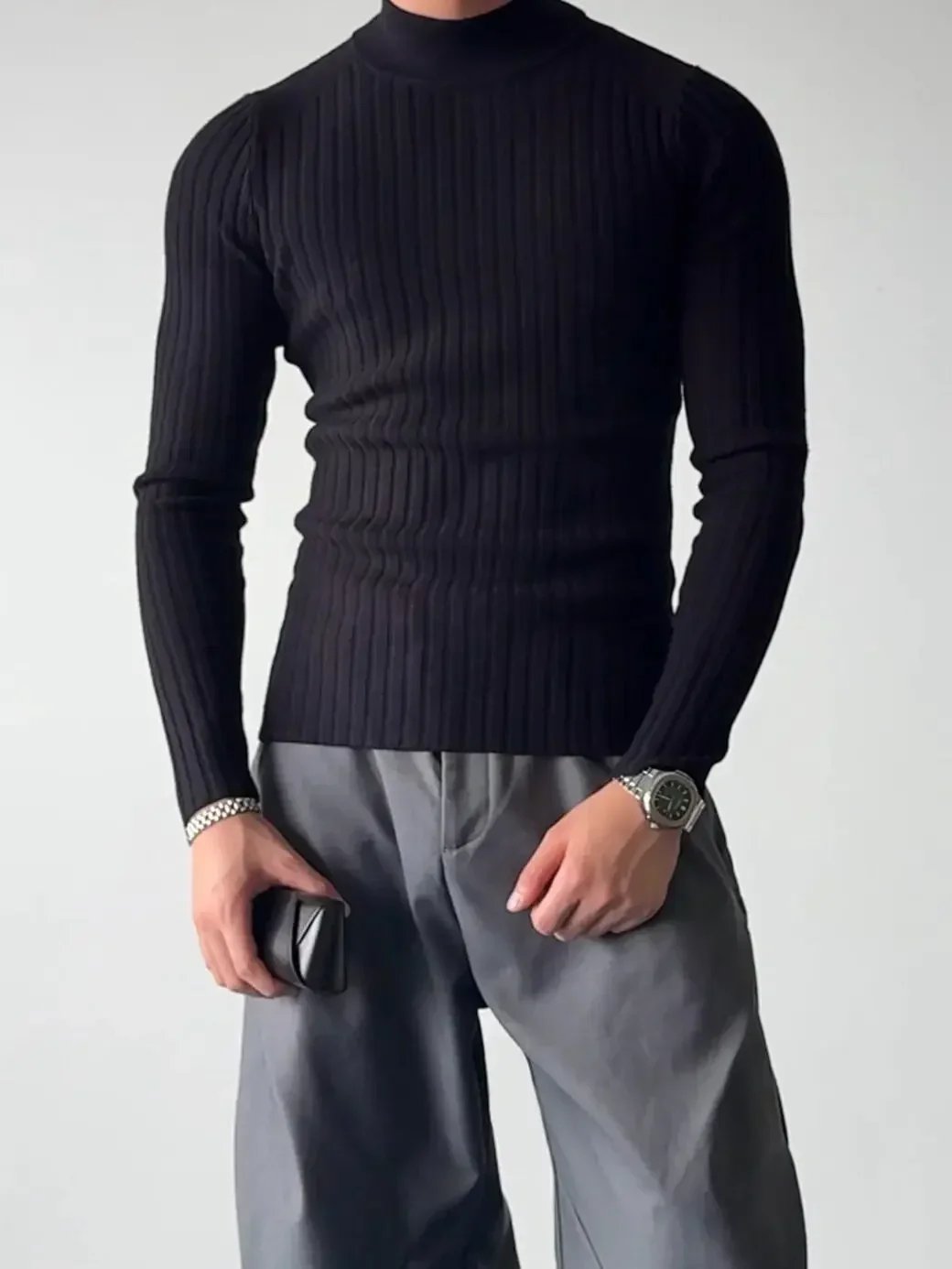 Basic slim-fitting soft waxy skin-friendly semi-turtleneck striped knitted sweater