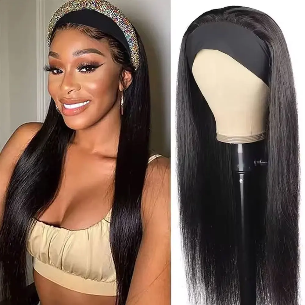 

40 дюймов, 250% плотность, парик из натуральных волос, натуральный черный, прямой парик с повязкой на голову, без кружева спереди, машинное производство, объем и удобный парик