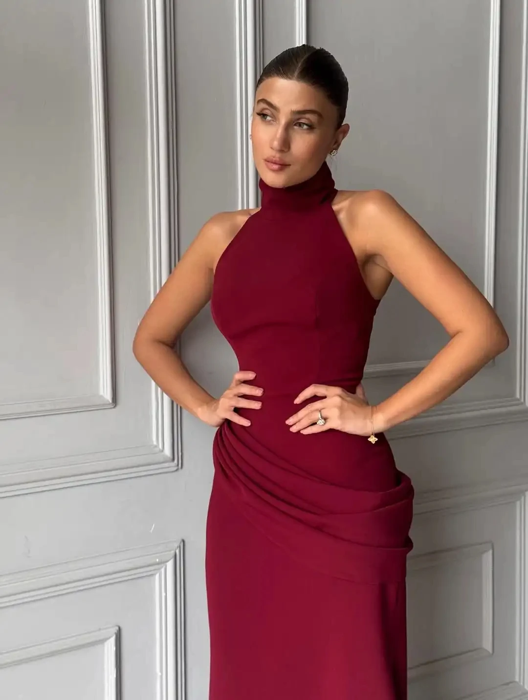 Customized Mermaid High Neck Sleeveless Pleated Evening Dress Women's Elegant Slimming Beaded Back Zipper Floor Length Prom Gown