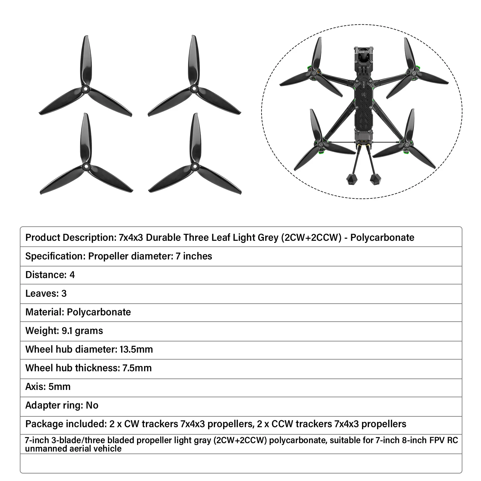 ZuruKin 4pcs 7x4x3 7-Inch Tri-Blade Propellers (2CW+2CCW) Durable Low-Noise FPV Drone Props for 7