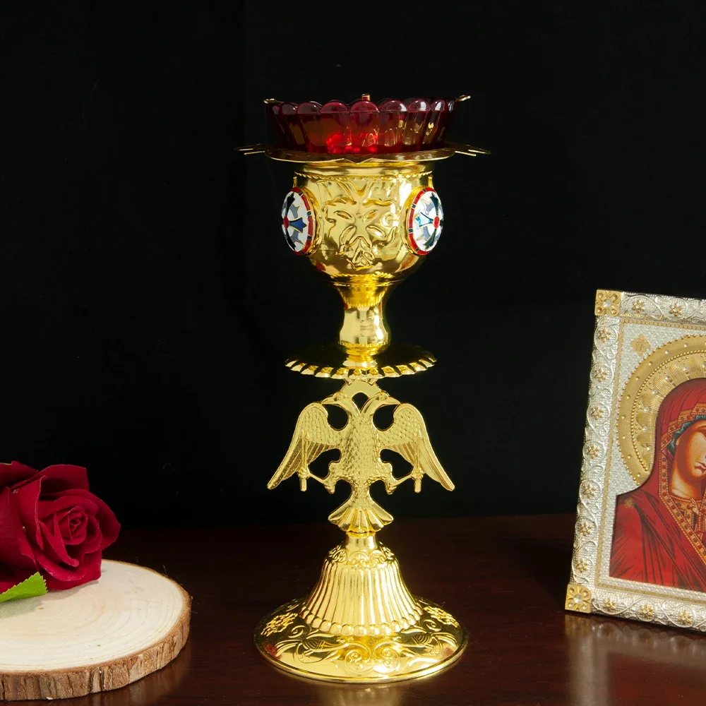 Orthodox Church Vigil Lamp Birth Scene of Jesus Decoration Gold Plated Candle Holder Church Home Candlestick With Oil Glass Cup