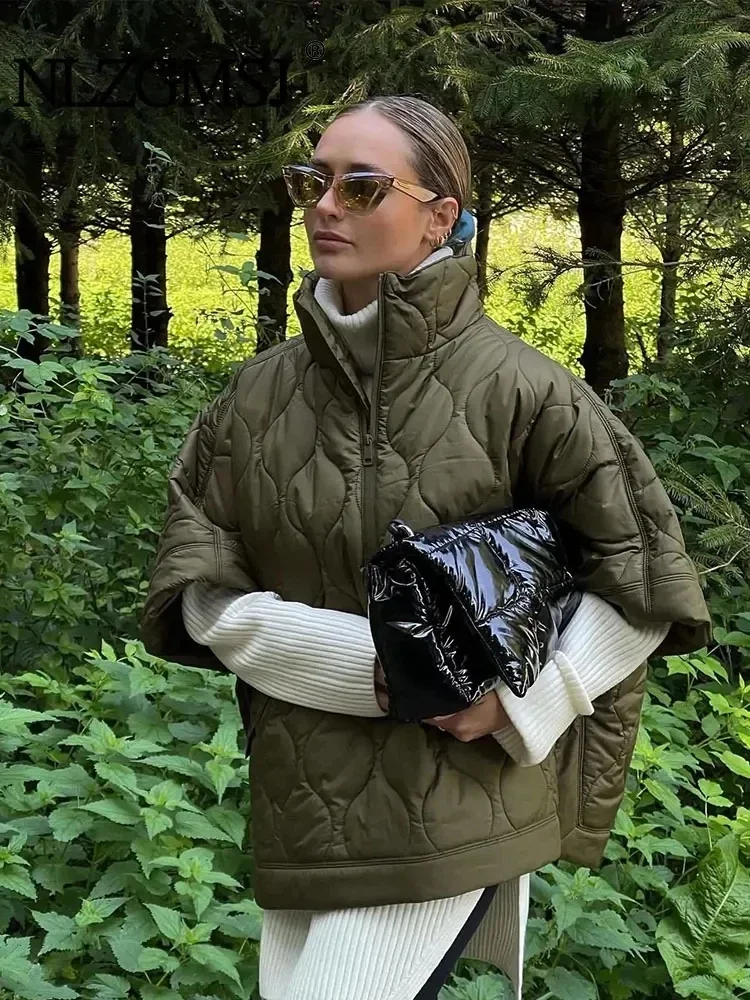 

2024 Autumn and Winter New Women Standing Neck Loose Medium Sleeve Diamond Quilted Waterproof Cloak Coat