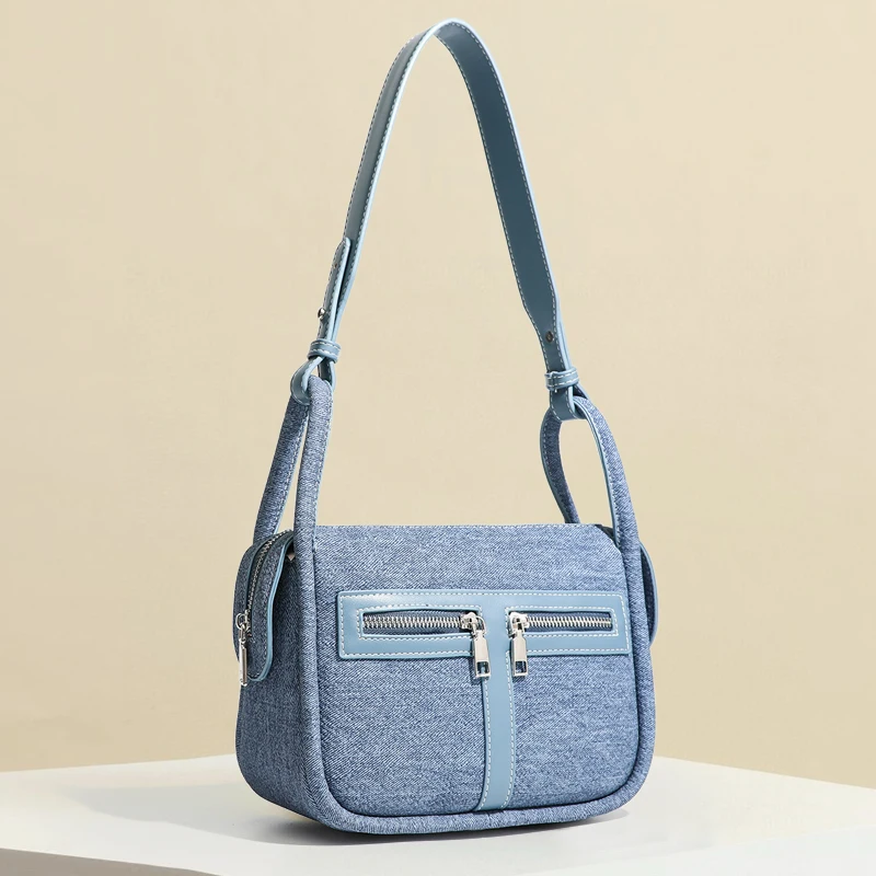 

Korean Casual Denim Small Box Bags For Women Luxury Designer Handbag And Purse 2025 New In PU Multiple Pockets Underarm Shoulder