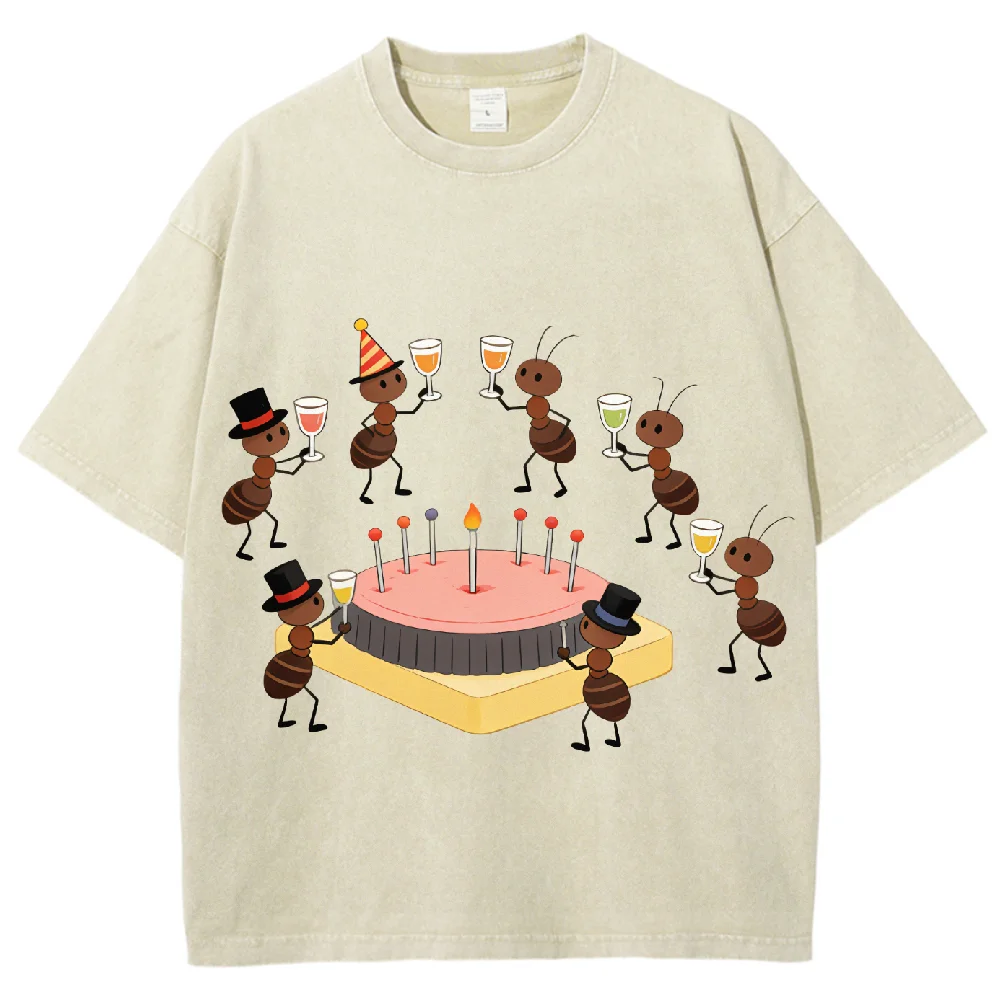 

Ant Birthday Print Oversized T Shirt Unisex Waffle Texture Y2K Retro Casual Graphic Tee for Nature Lovers Summer Streetwear