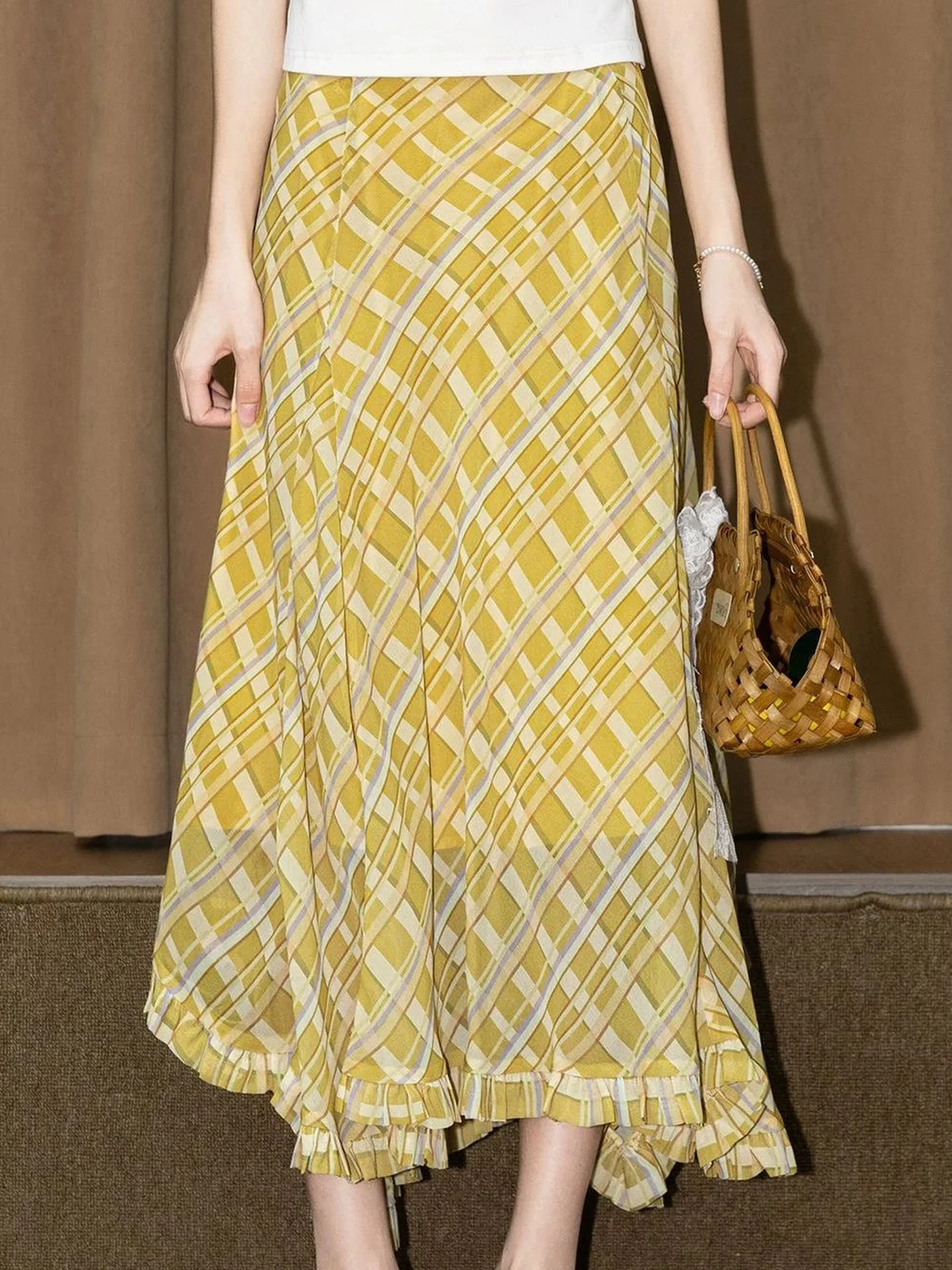 Korean Style Yellow Plaid A-Line Midi Skirt Women's Loose Fit Slimming High Waist Half-length Casual Skirts for Autumn