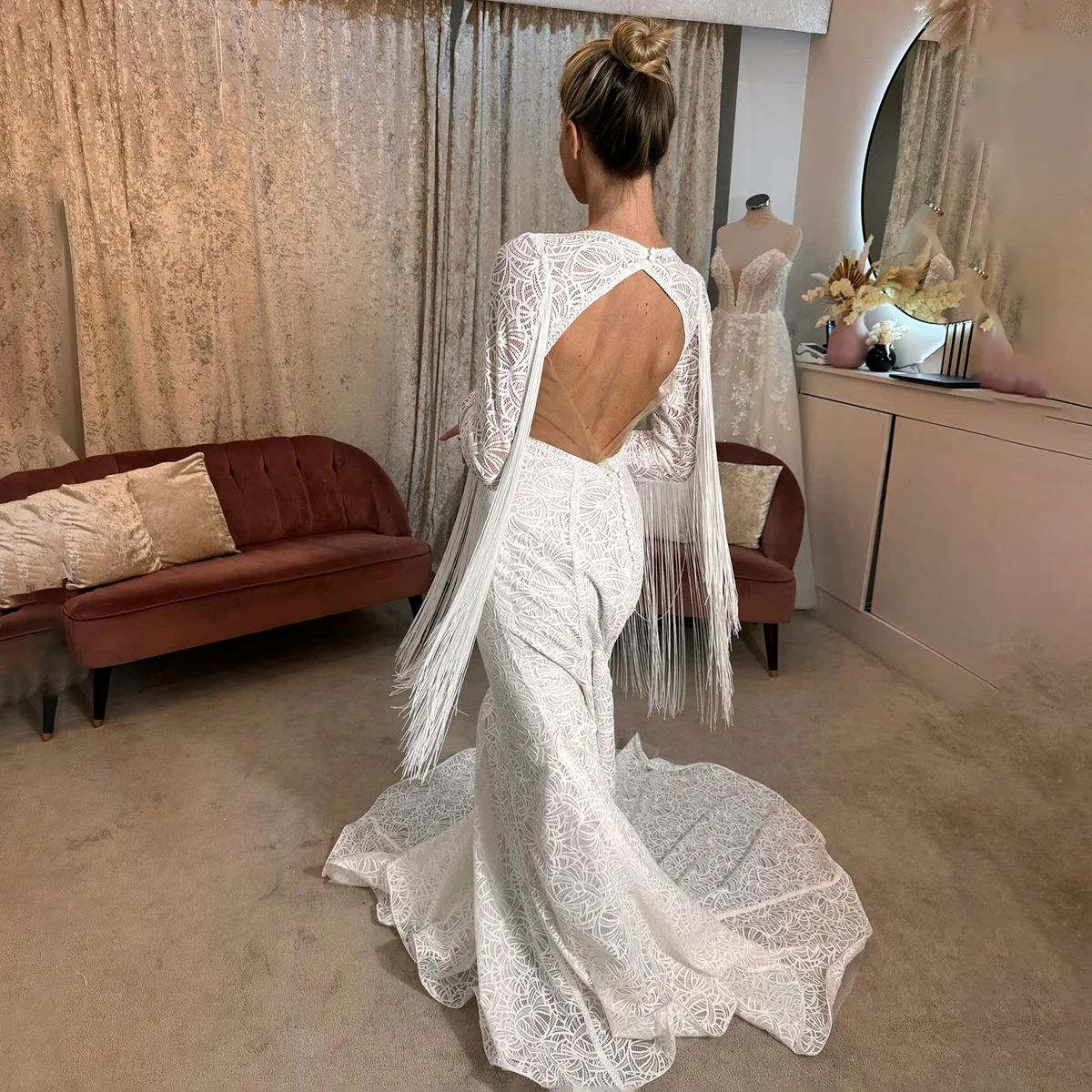 Customized Empire Waist Long Fitted Sleeves Fringed Wedding Dress V Neck Hourglass Open Back Lace Boho Mermaid Bridal Gowns