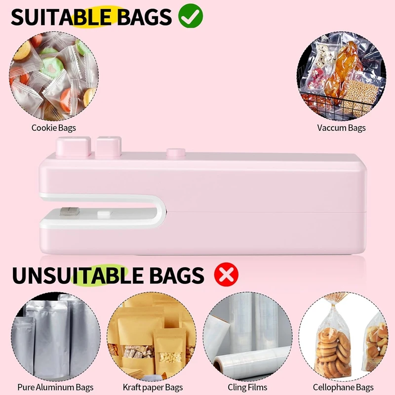 Mini sellador de bolsas 3 en 1, máquina de sellado al vacío con cortador e imán, recargable, fácil de usar