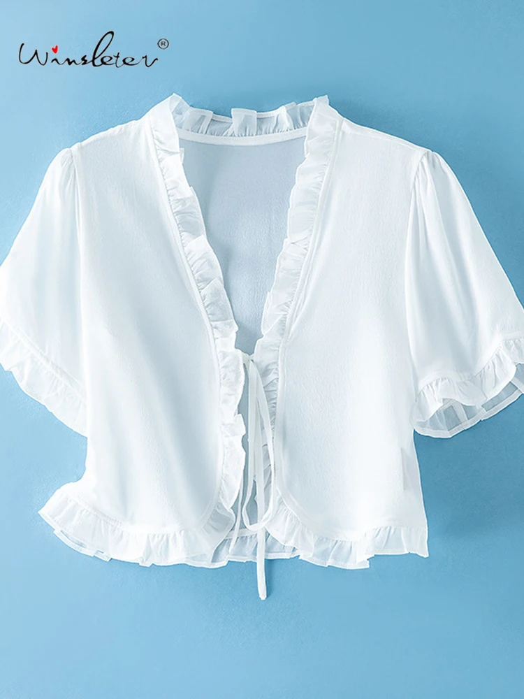 Winsleter-100% Silk Elegant Sunscreen Tops, Short Sleeve Ruffles Lace-up, Women Beach Vacation Short Coat, 2026 Summer C61539CC