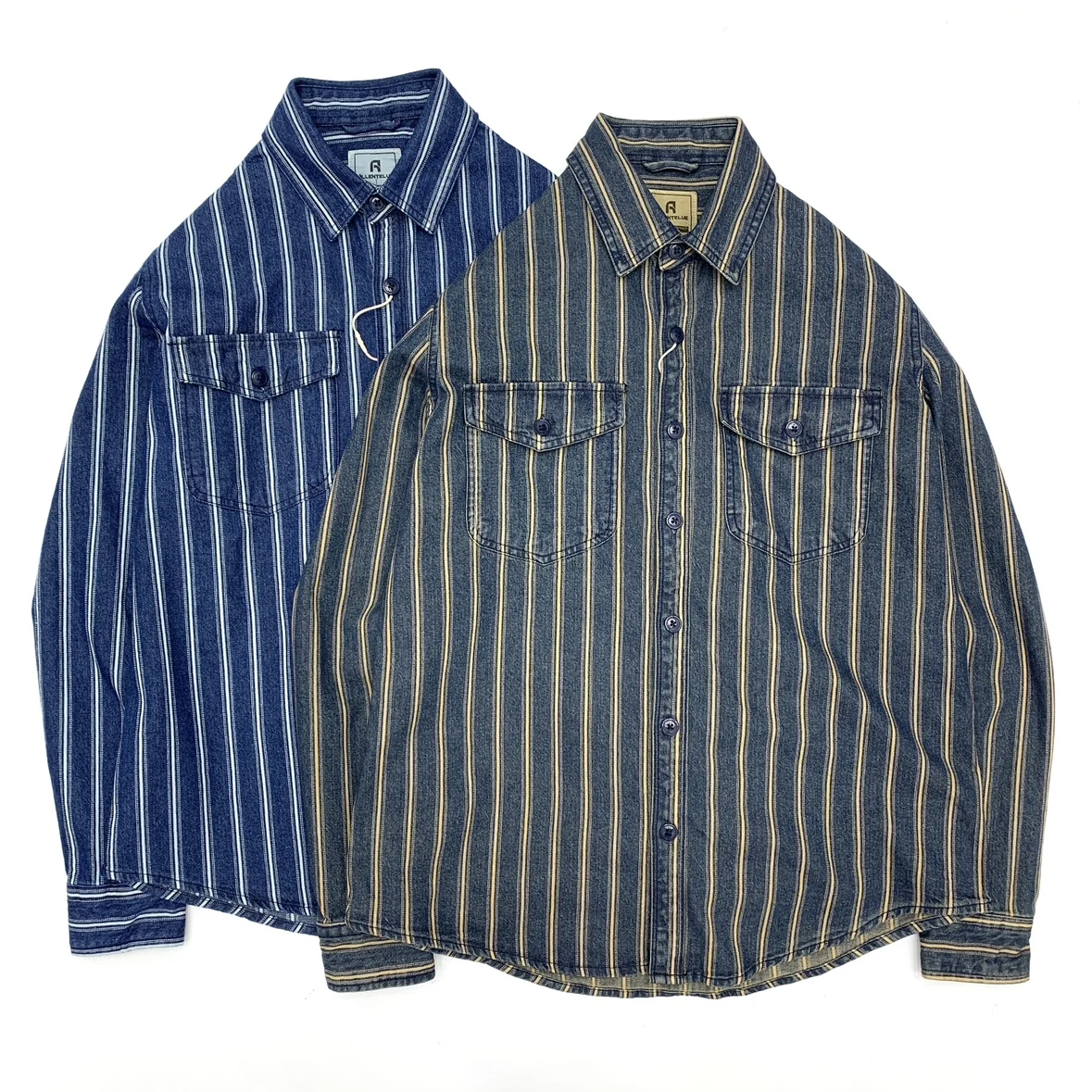 Amekaji Striped Denim Shirt for Men Heavyweight Thick Pure 100% Cotton Japanese Retro Long Sleeve Loose Fit Workwear Jacket